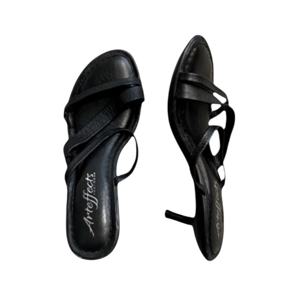 Vintage 90s Black Leather Strappy Criss Cross Slide on Heels - size women’s 7.5